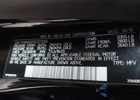 2013 Volvo Xc60 3.2/3.2 Platinum/3.2 Premier/3.2 Premier Plus from USA, damaged, VIN YV4940DZXD2373056